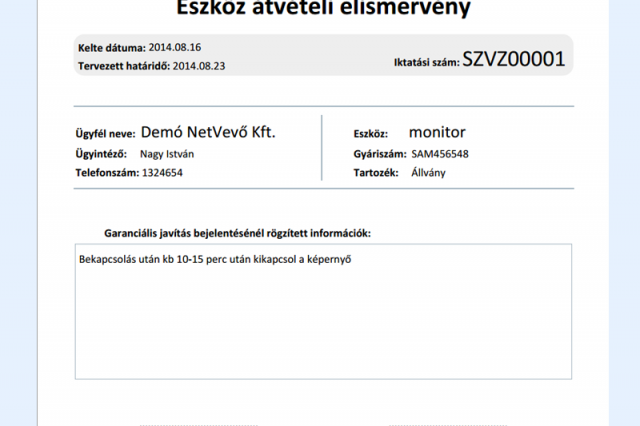 Eszköz átvételi elismervény - Online CRM