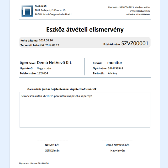Eszköz átvételi elismervény - Online CRM