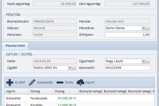 Pénztár bizonylat rögzítése - pénztár program