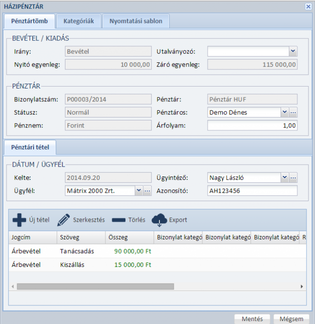 Pénztár bizonylat rögzítése - pénztár program