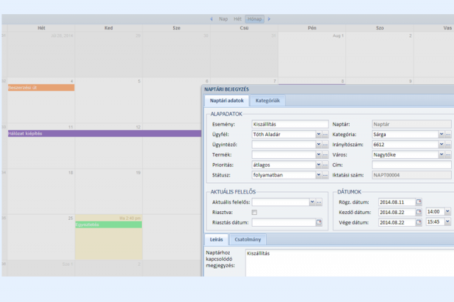 Naptár adatok - Online CRM
