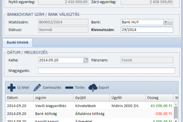 Bankkivonat rögzítése