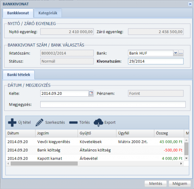 Bankkivonat rögzítése