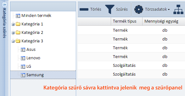 Termék kategória szűrés