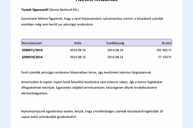 Fizetési felszólítás - Számlázó