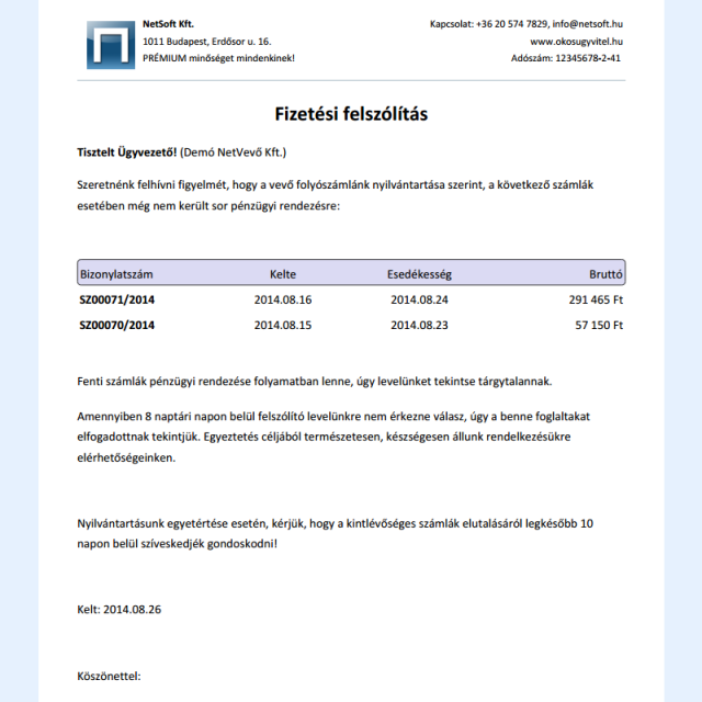 Fizetési felszólítás - Számlázó