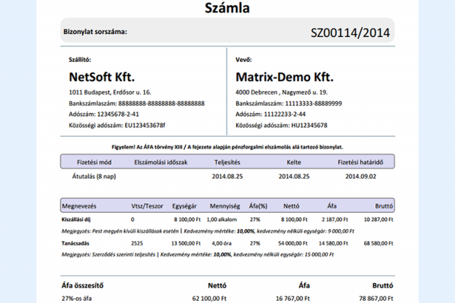 Kimenő számla nyomtatási kép
