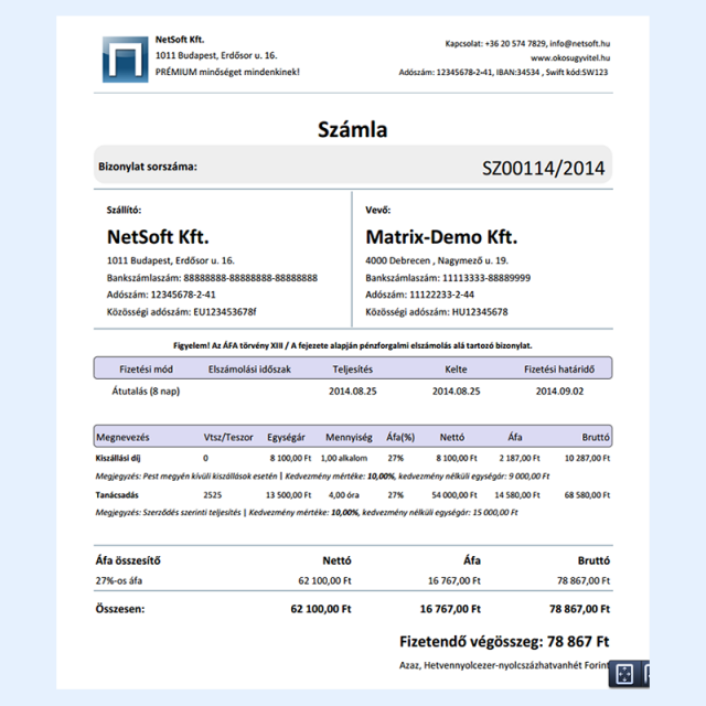 Kimenő számla nyomtatási kép