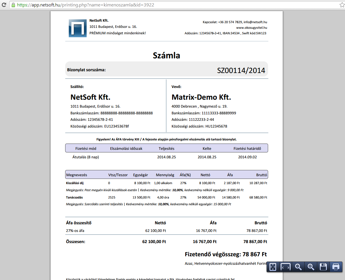 számla nyomtatási kép - Számlázó