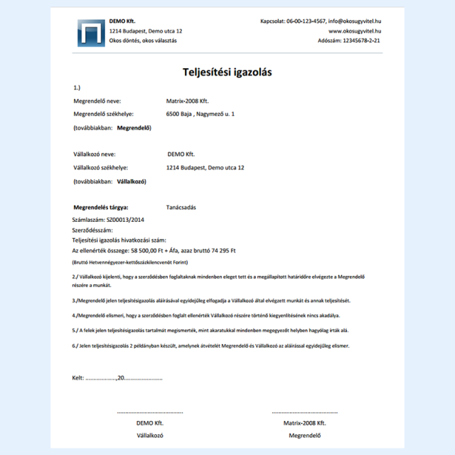 Teljesítési igazolás