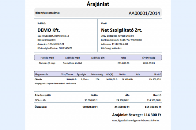 Árajánlat nyomtatási kép