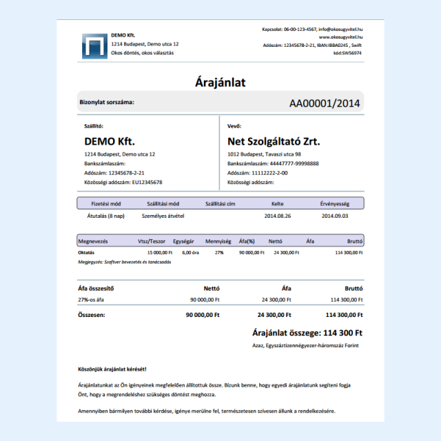 Árajánlat nyomtatási kép