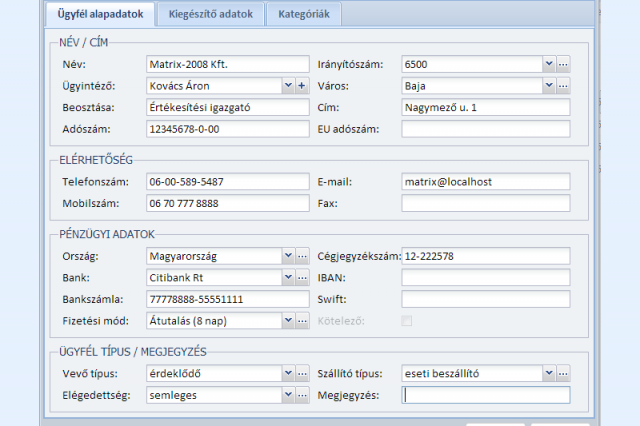 Ügyféltörzs alapadatok