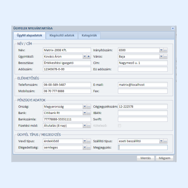 Ügyféltörzs alapadatok