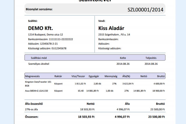 Szállítólevél nyomtatási kép - Online készlet program