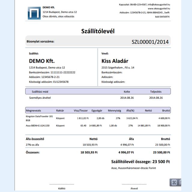 Szállítólevél nyomtatási kép - Online készlet program