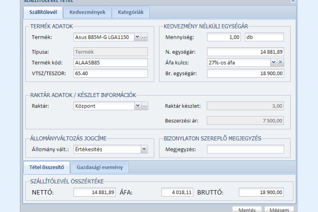 Szállítólevél rögzítése - Online készlet program