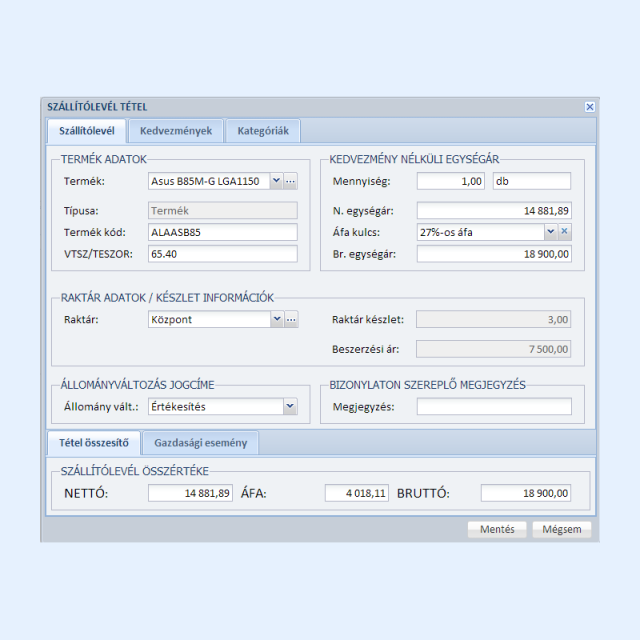 Szállítólevél rögzítése - Online készlet program