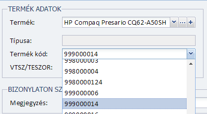 Termék választás termékkód alapján