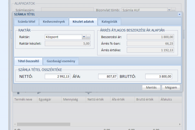 Árrés adatok számlázáskor