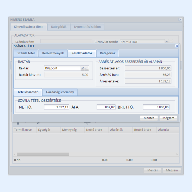 Árrés adatok számlázáskor